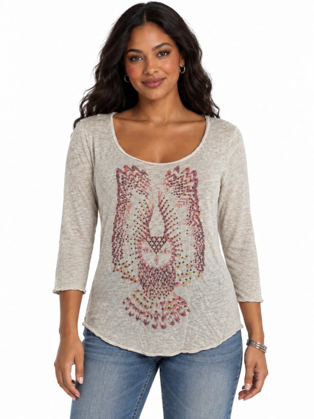 Lucky Brand Studded Owl Graphic Tee Cream Size M Boho